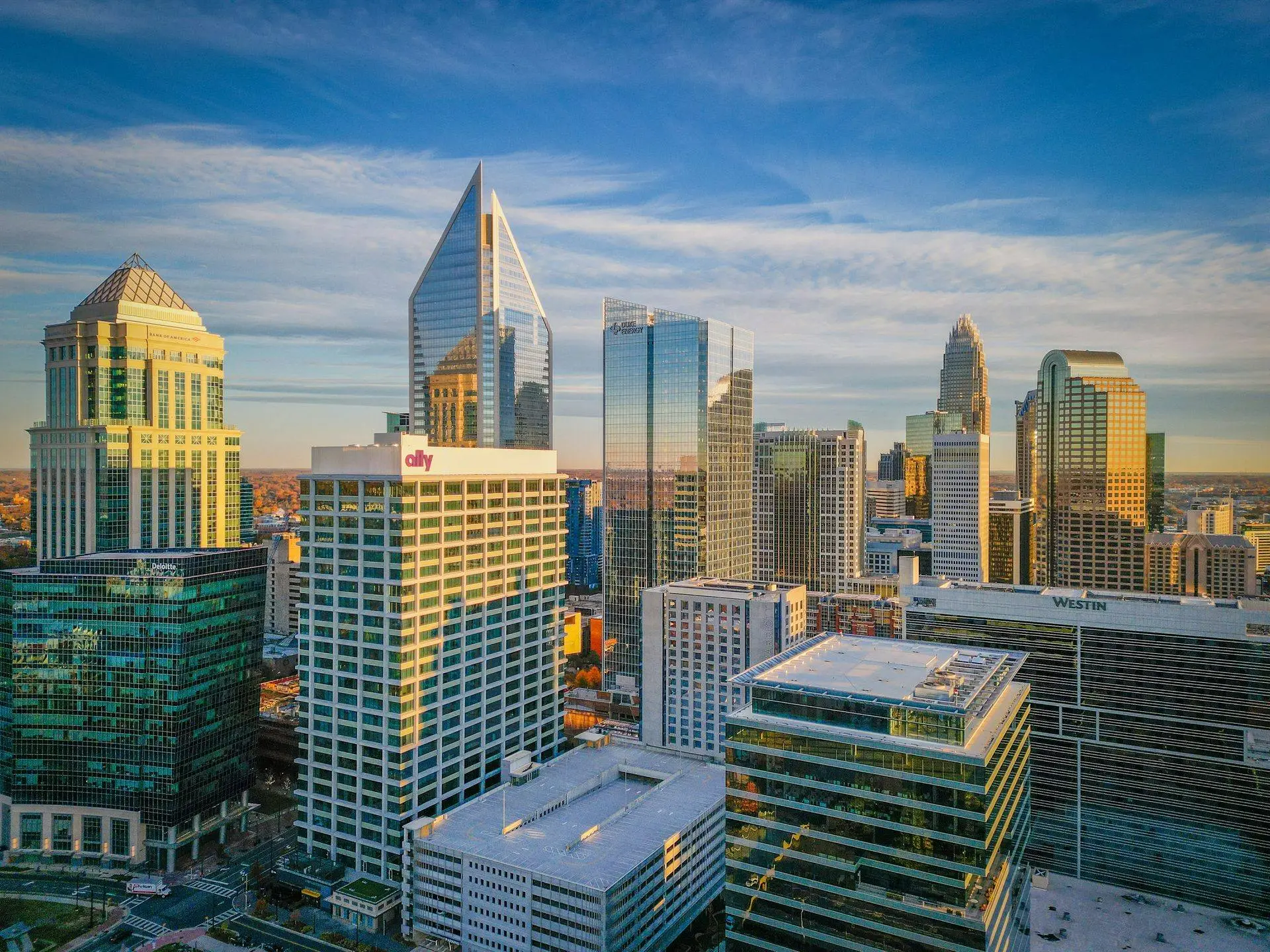Aerial view of the uptown Charlotte skyline, the Class B airspace core where LAANC authorization applies